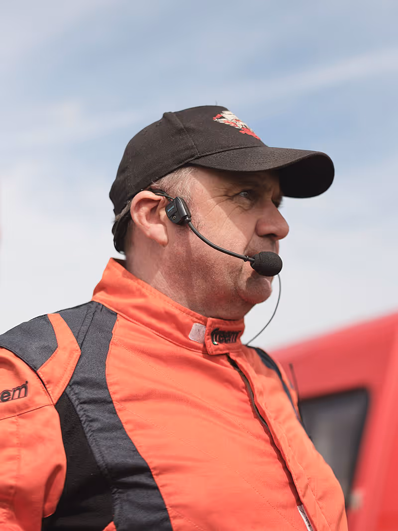 Michael Murty, driver of Big Pete, wearing a headset
